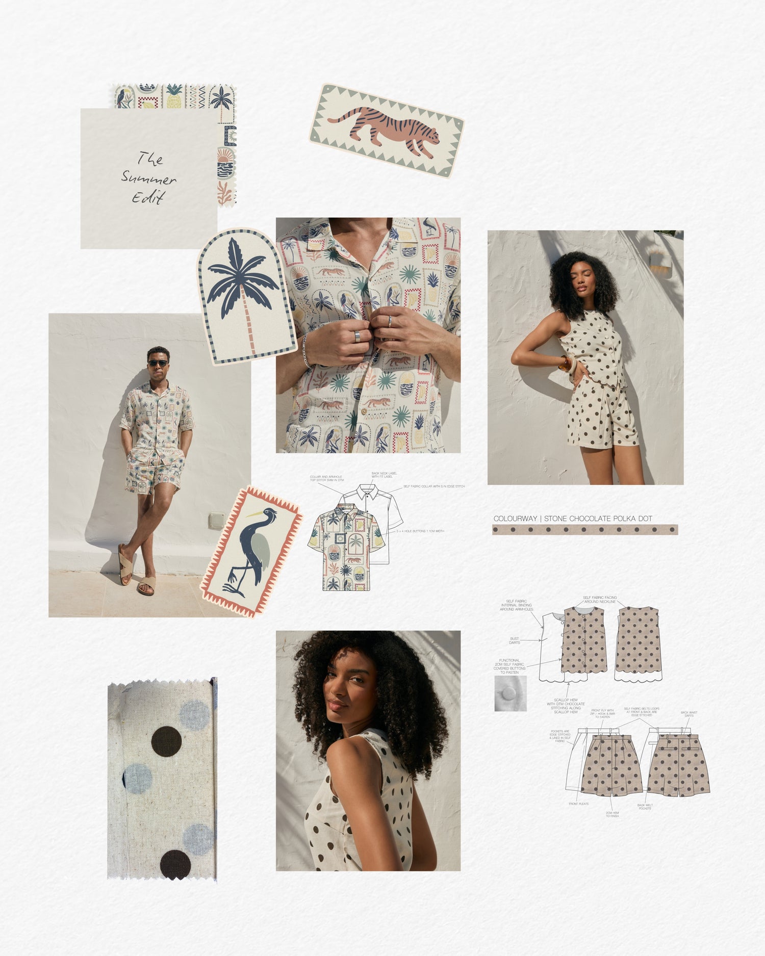 A mood board showing off two key prints from The Summer Edit: Tropical Stamp Print and Polka Dot