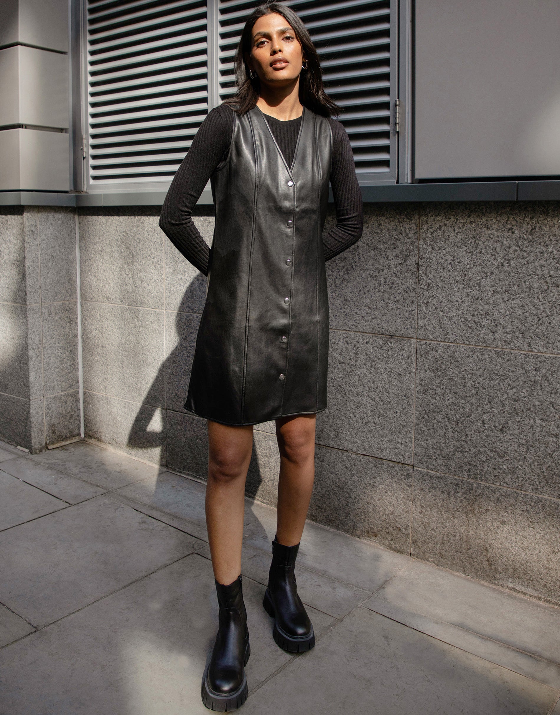 Threadbare Women's Black Faux Leather PU Button Down Ladies' Pinafore Dress