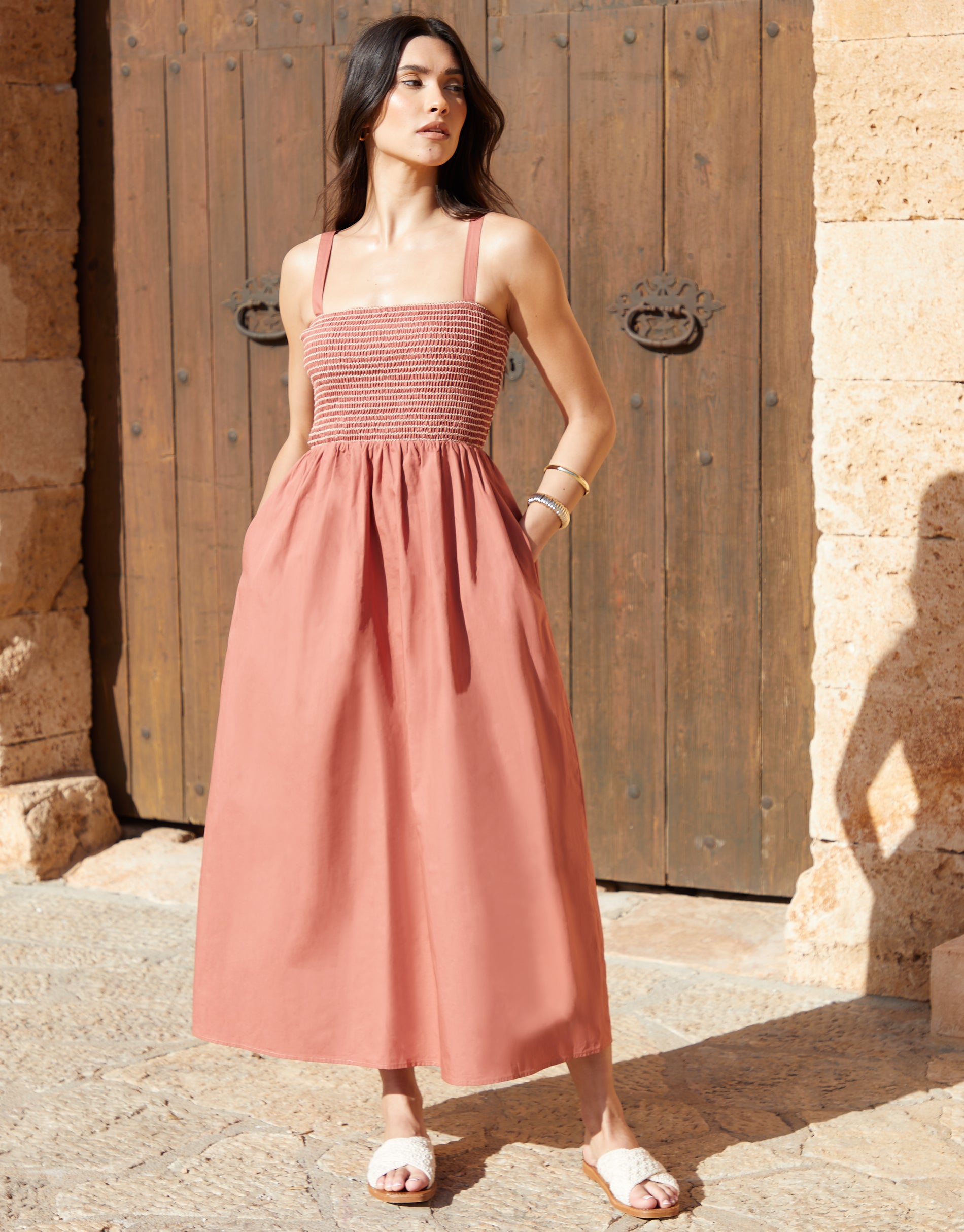 Threadbare Women's Pink Shirred Bodice Midaxi Dress