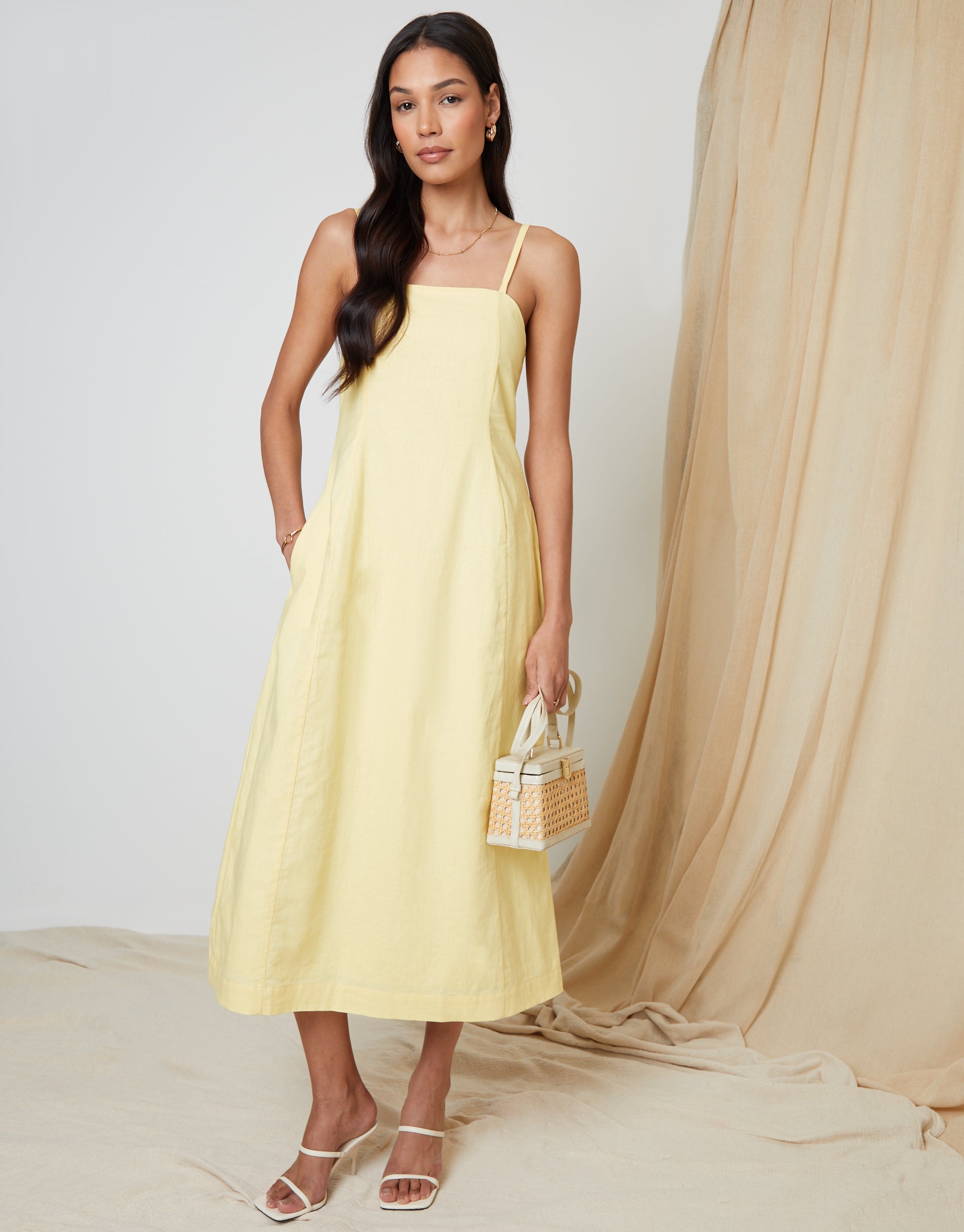 dresses for sale Threadbare Women's Yellow Linen Blend Square Neck Midi Dress