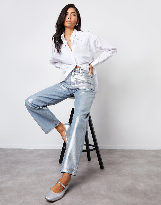 Women's Silver Coated Metallic Denim Wide Leg Jeans