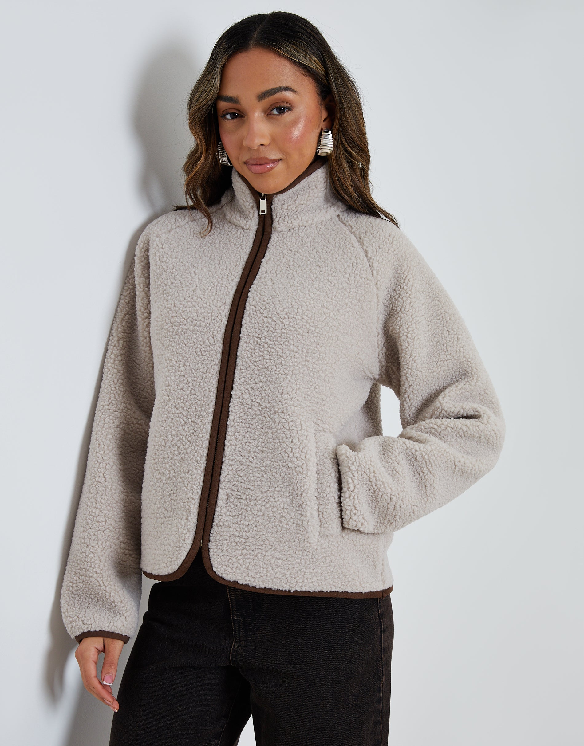 Threadbare Women's Mushroom Brown Zip Through Collared Borg Fleece