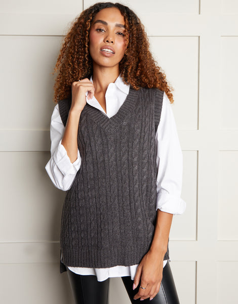 Women's Charcoal Cable Knit Vest