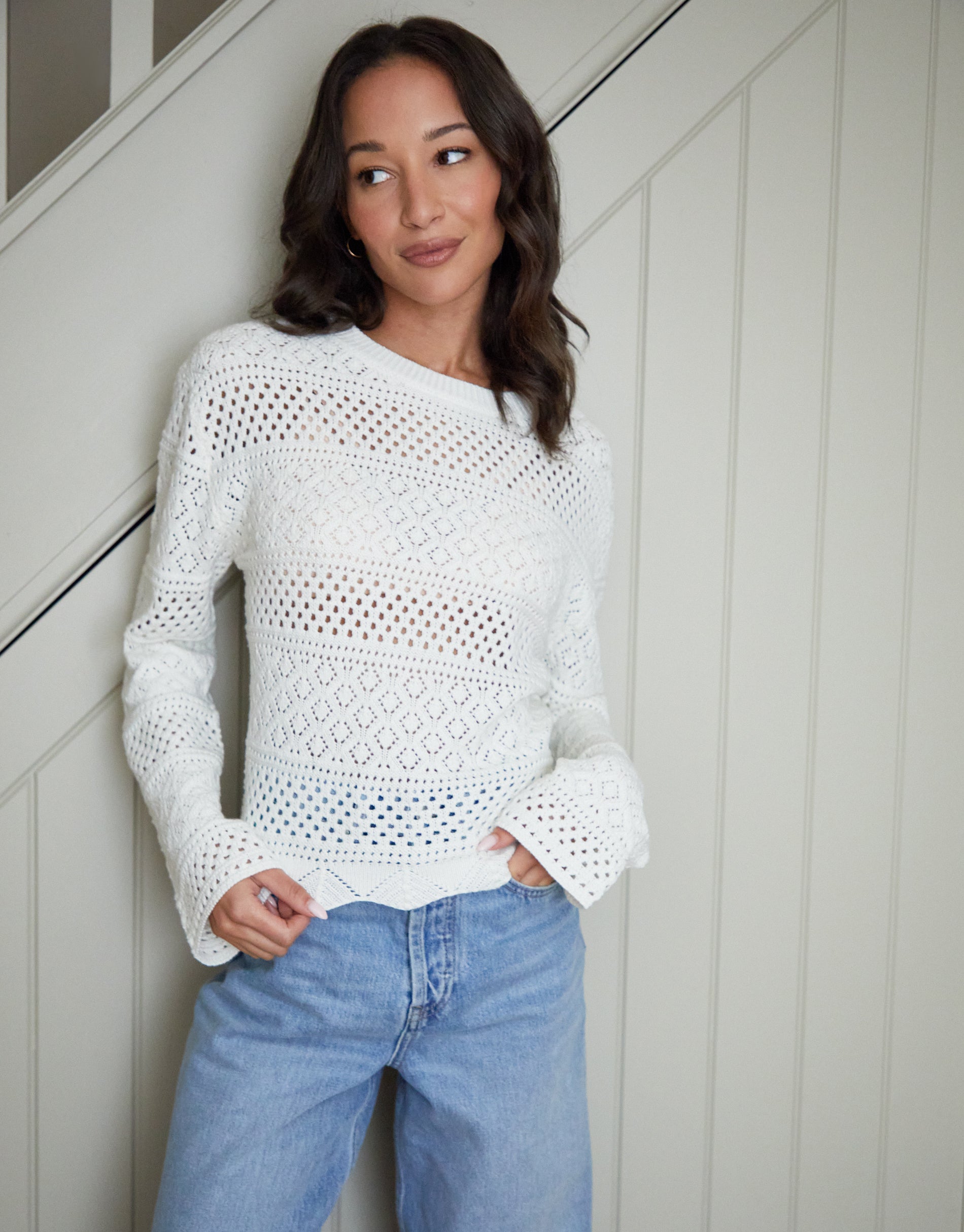 Threadbare Women's Cream Long Sleeve Pointelle Crochet Knit Jumper