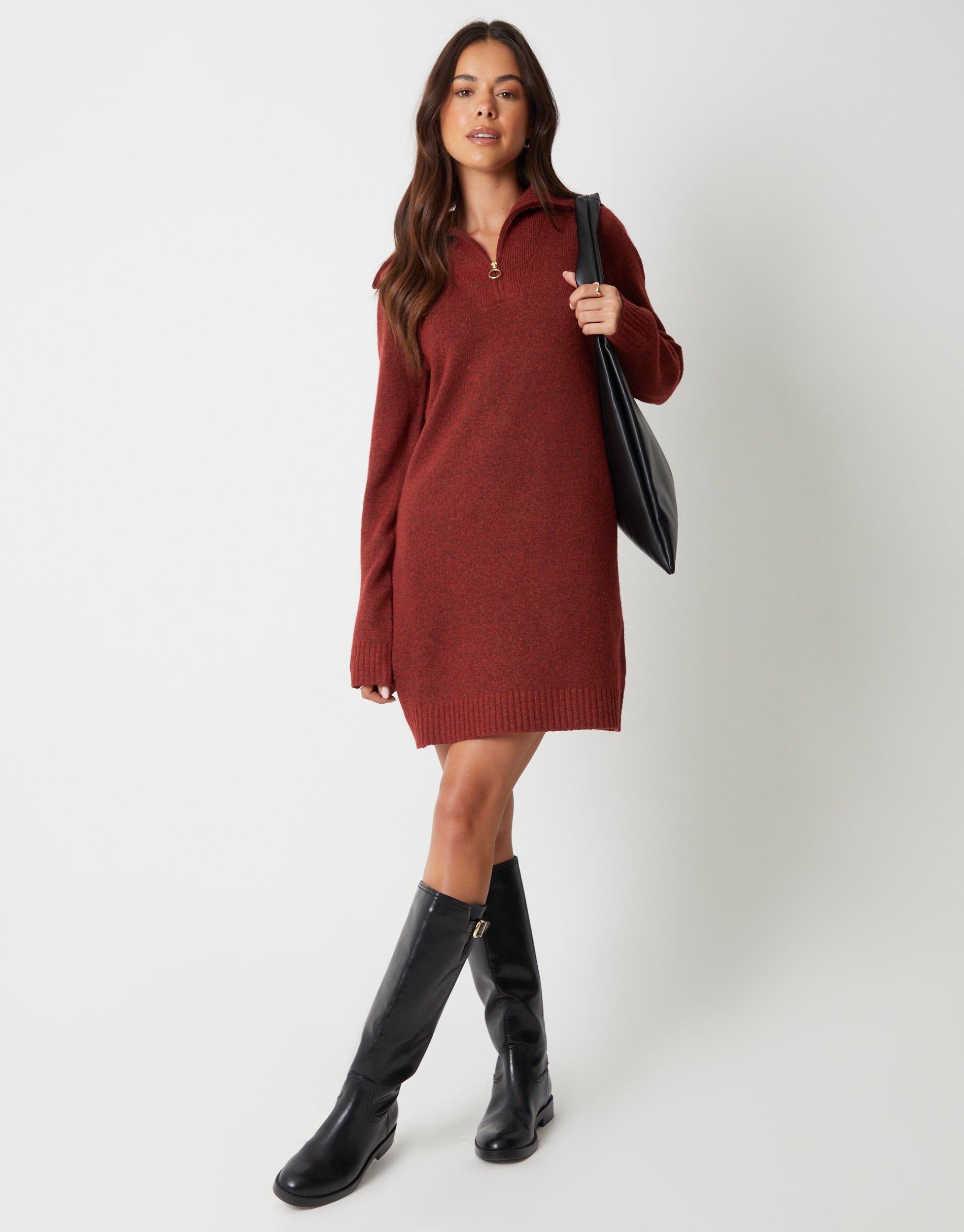 Threadbare Women's Rust Orange Quarter Zip Brushed Knit Mini Dress