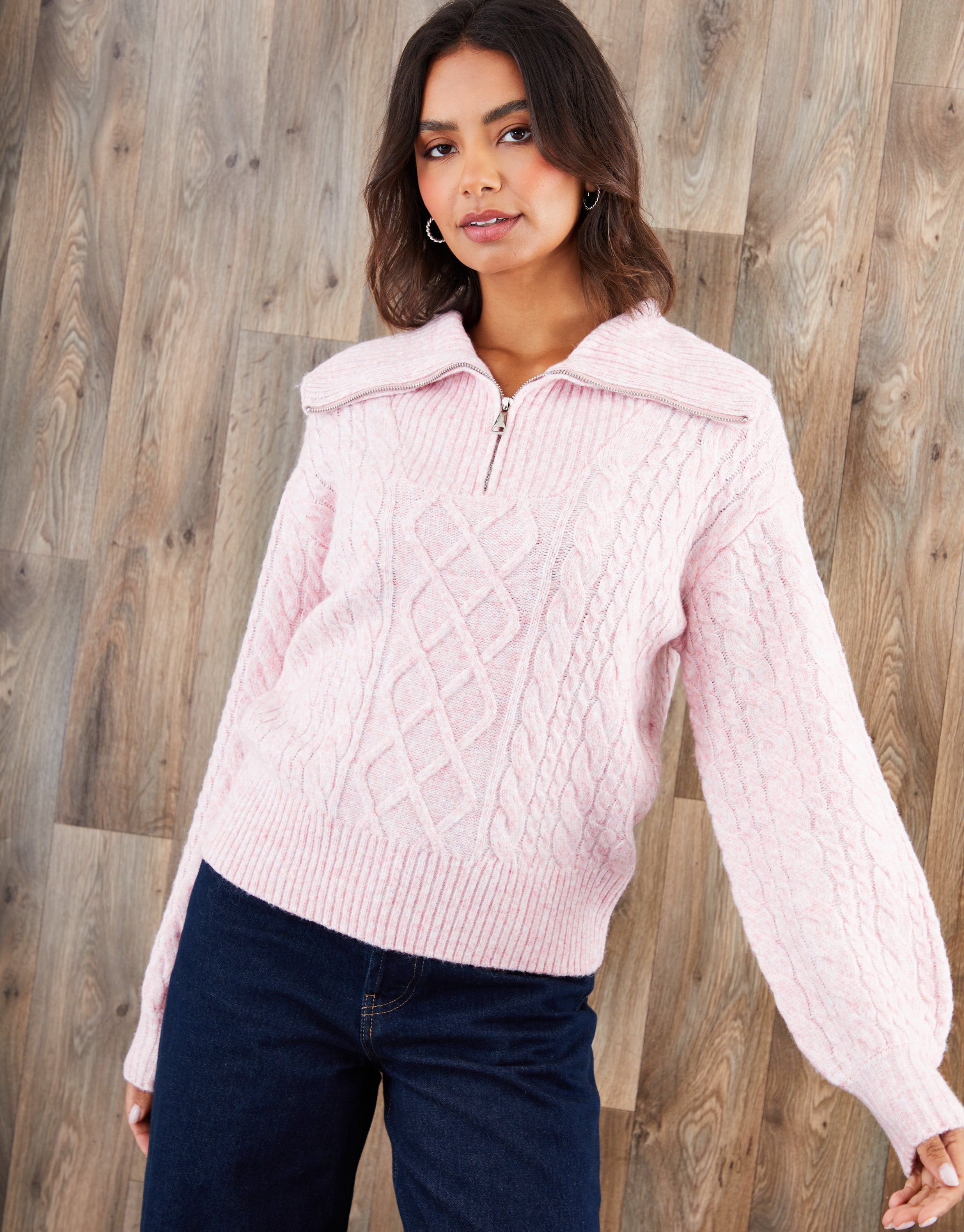 Threadbare Women's Pink Cable Knit Quarter Zip Jumper