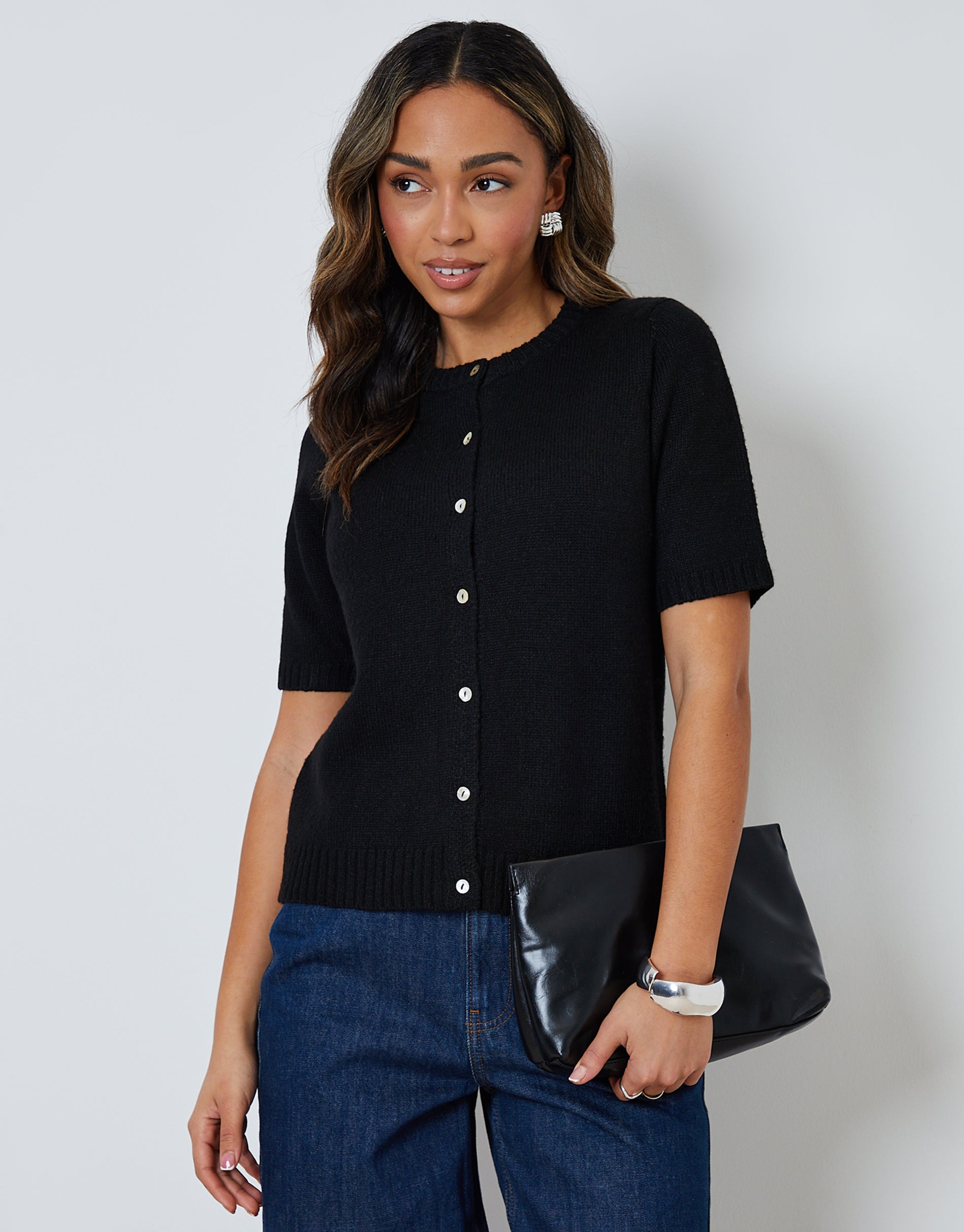 Threadbare Women's Black Crew Neck Short Sleeve Knitted Cardigan