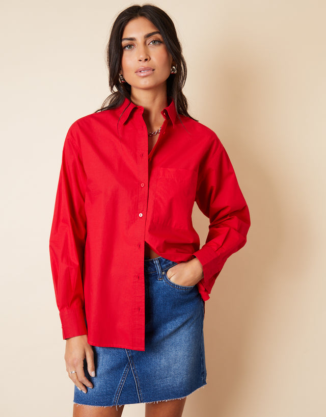Women's Red Loose Fit Long Sleeve Shirt