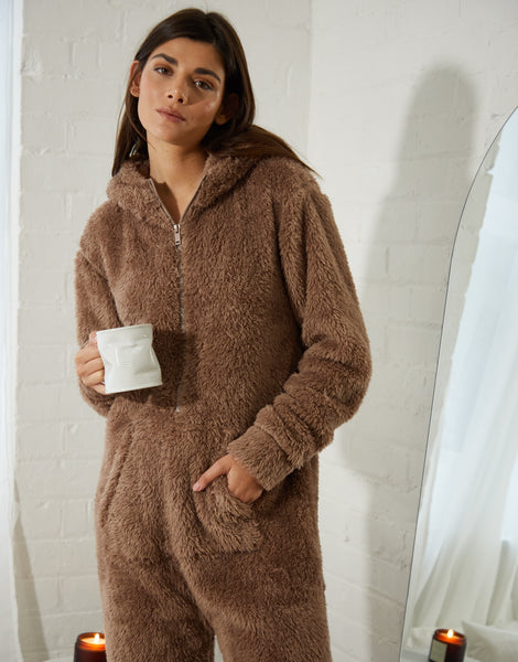 Women's Brown Fluffy Teddy Bear Hooded All-In-One Ladies' Onesie