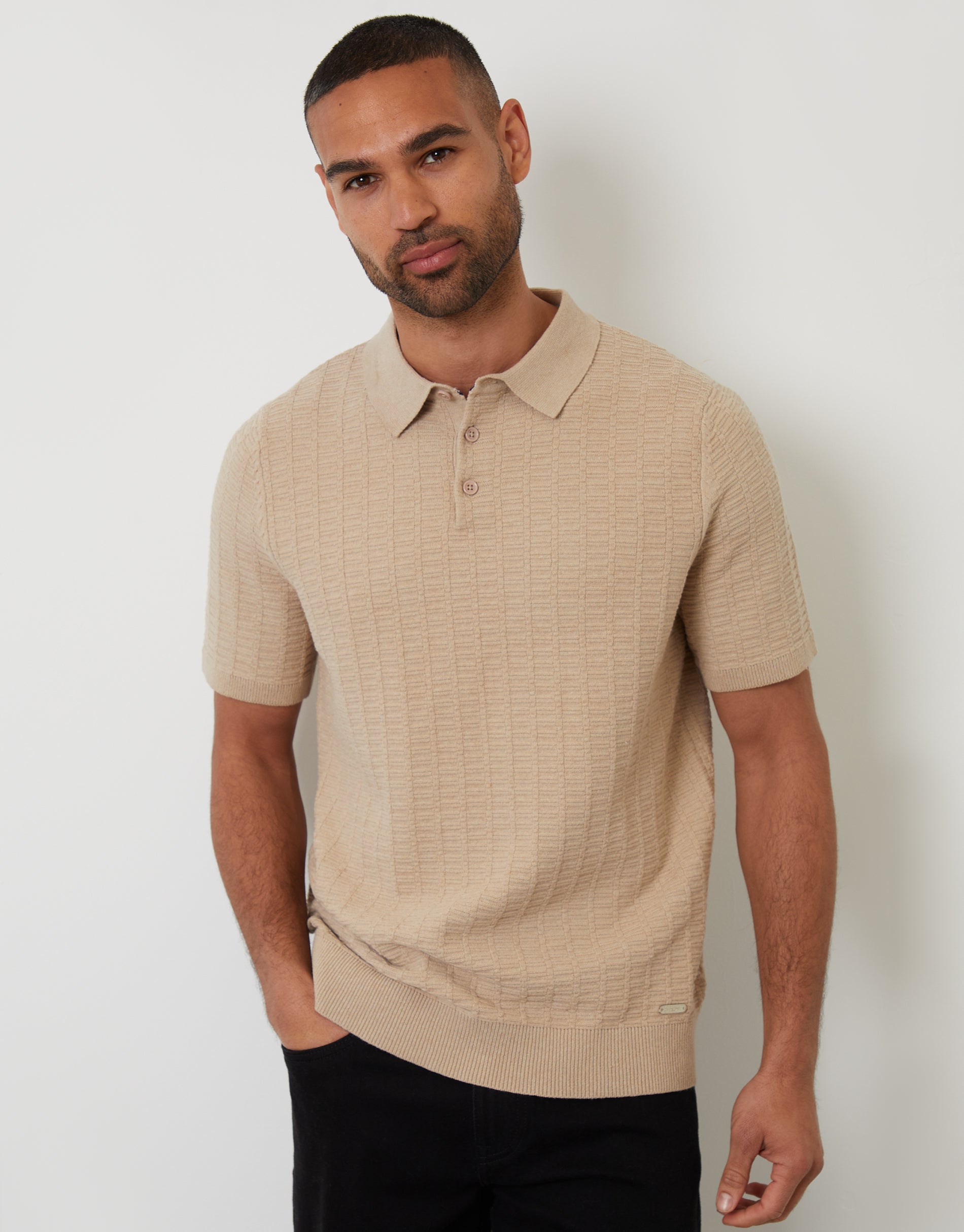 Threadbare Men's Beige Button Collar Textured Knit Polo