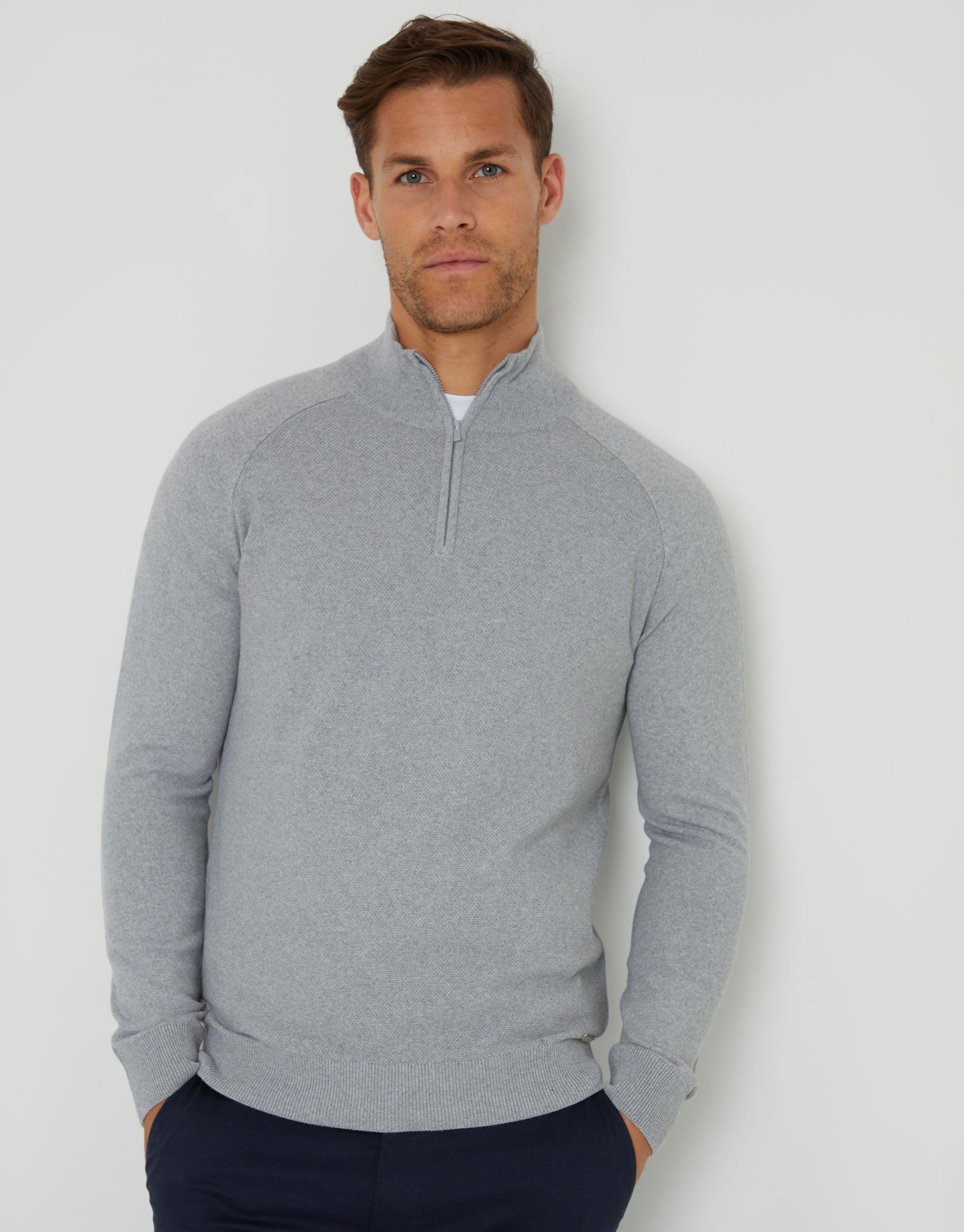 Threadbare Men's Grey Marl Raglan Knitted Quarter Zip Jumper