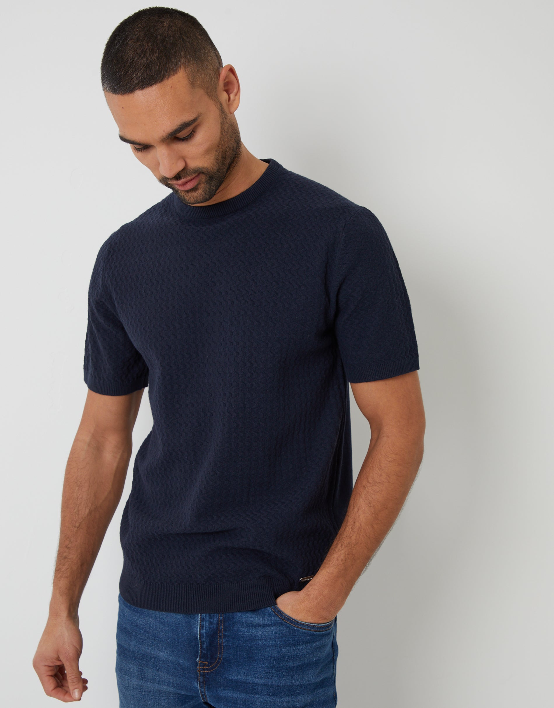 Threadbare Men's Navy Textured Front Knitted T-Shirt