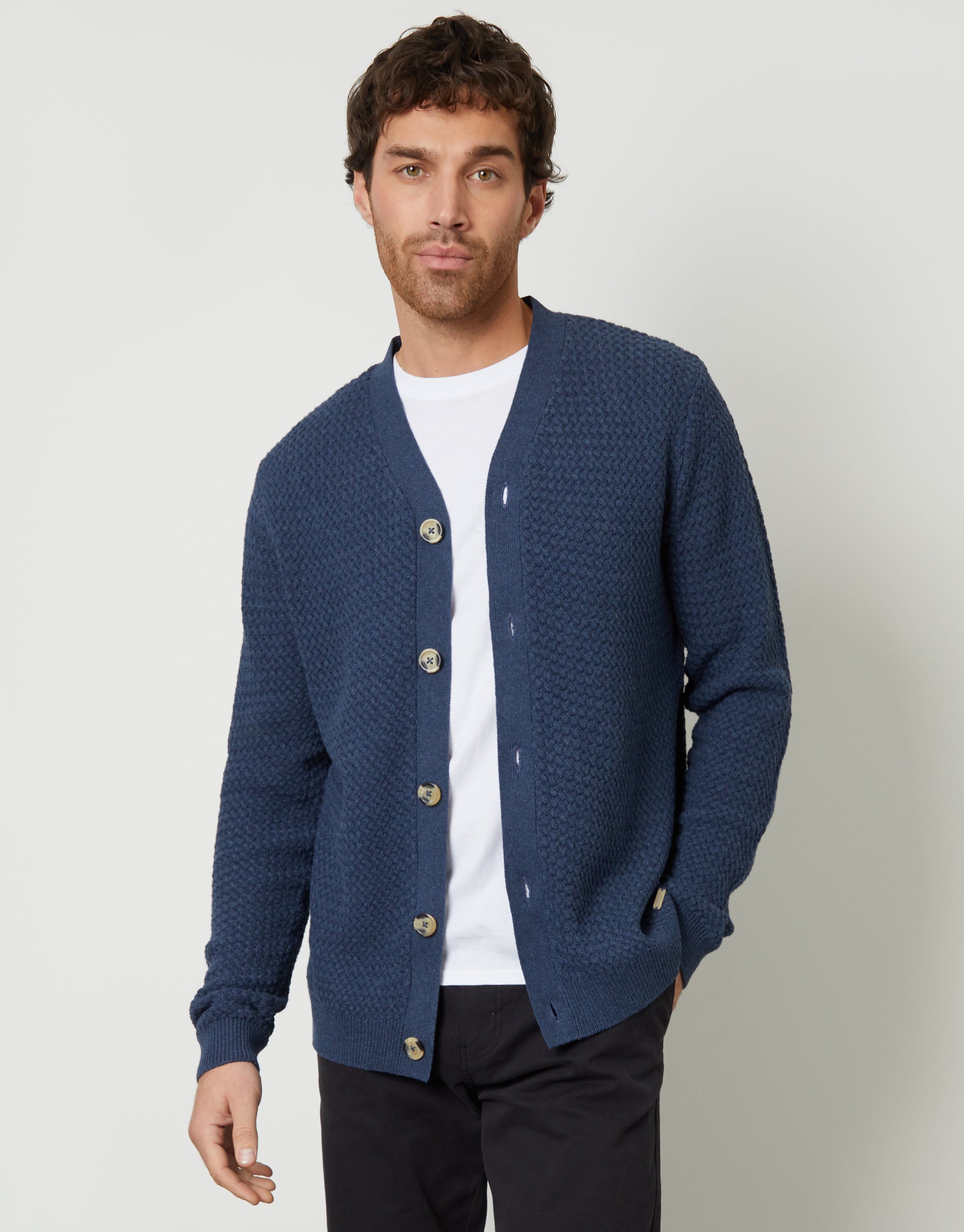 BIBIY. TRACK CARDIGAN トラクカーディガン ネイビー 刺繍 Threadbare Men's Denim Blue Basket Stitch Cardigan