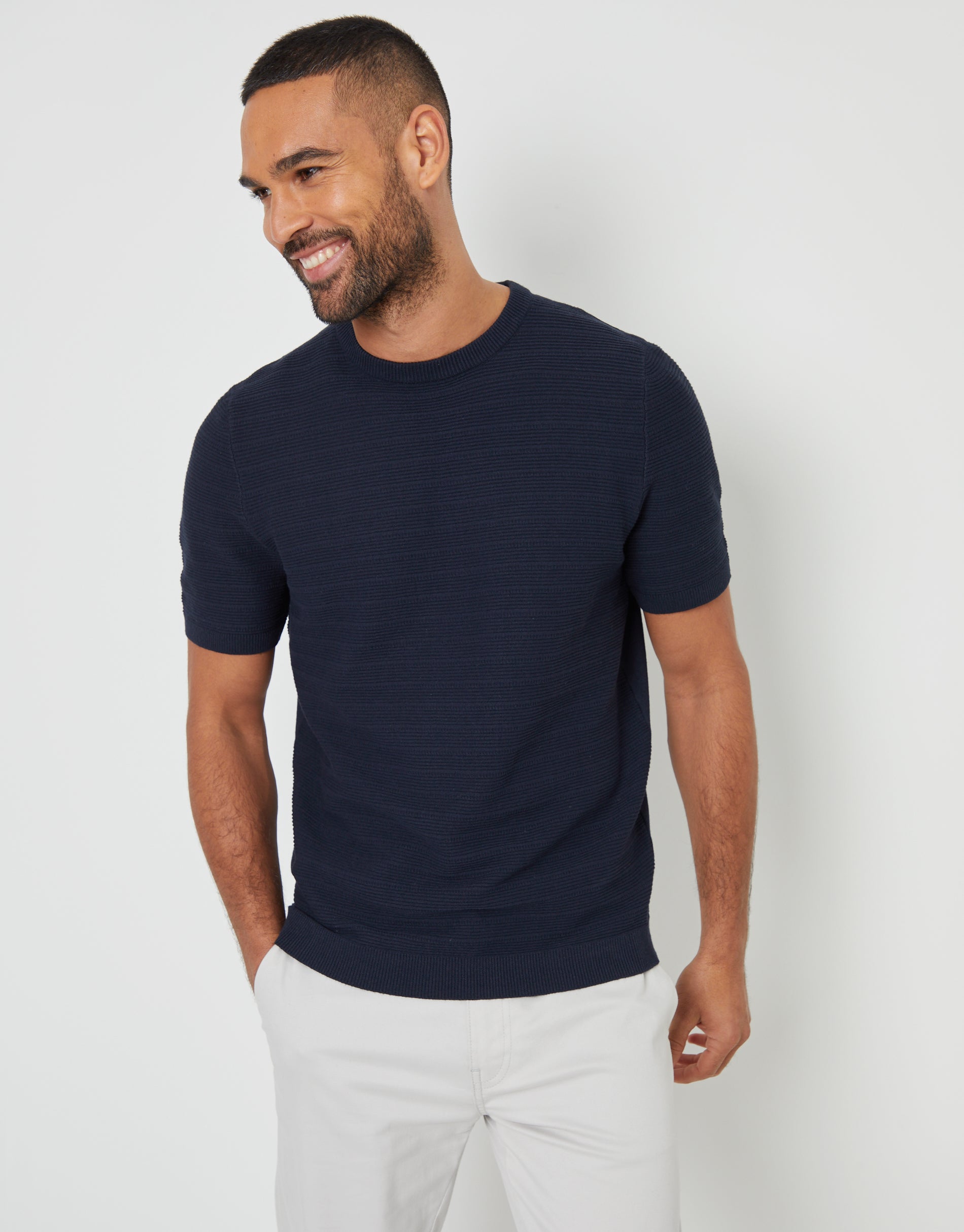 Mens Cotton Vertical Texture Knit T-Shirt Sea Spray