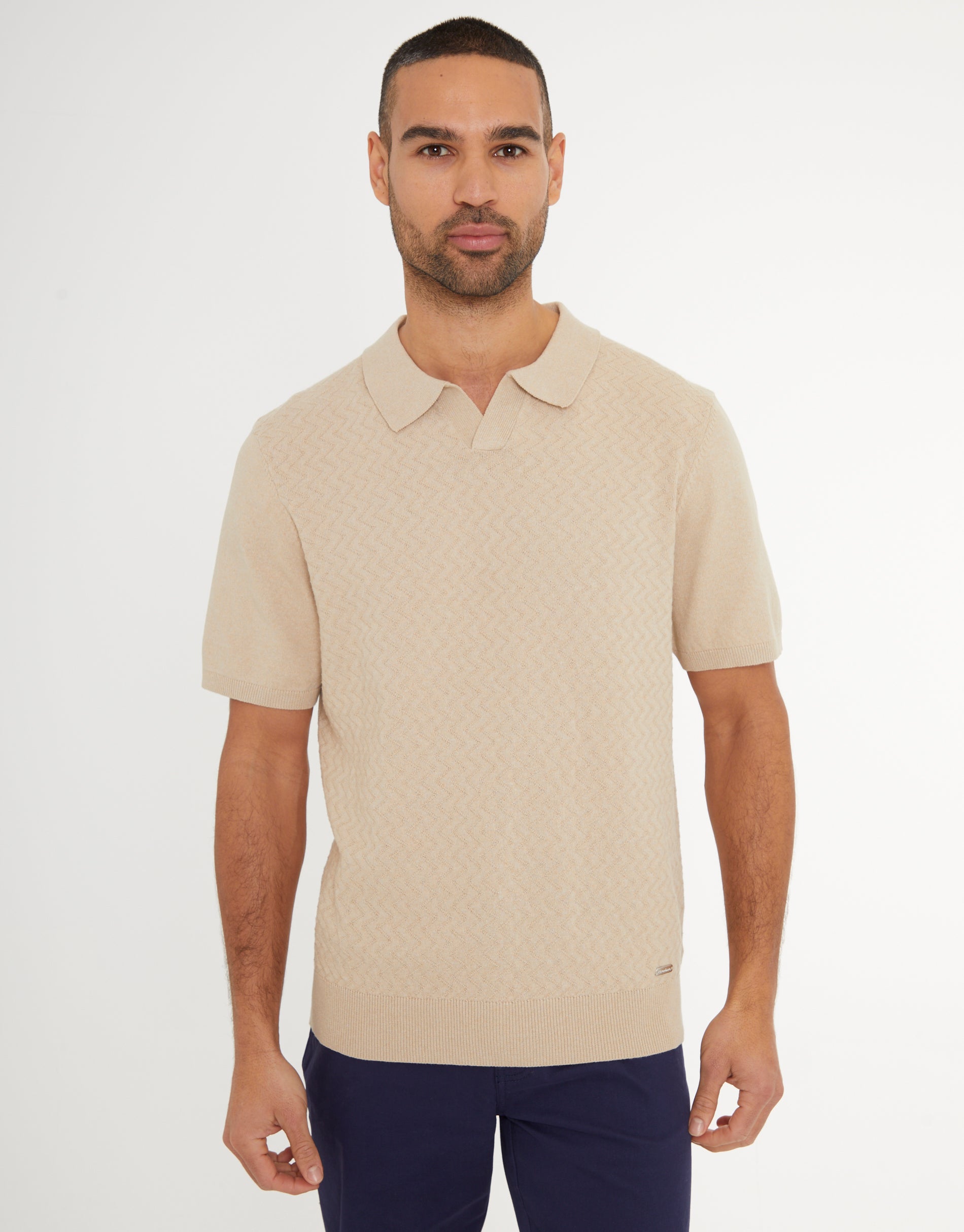 Threadbare Men's Beige Textured Front Knitted Trophy Neck Polo