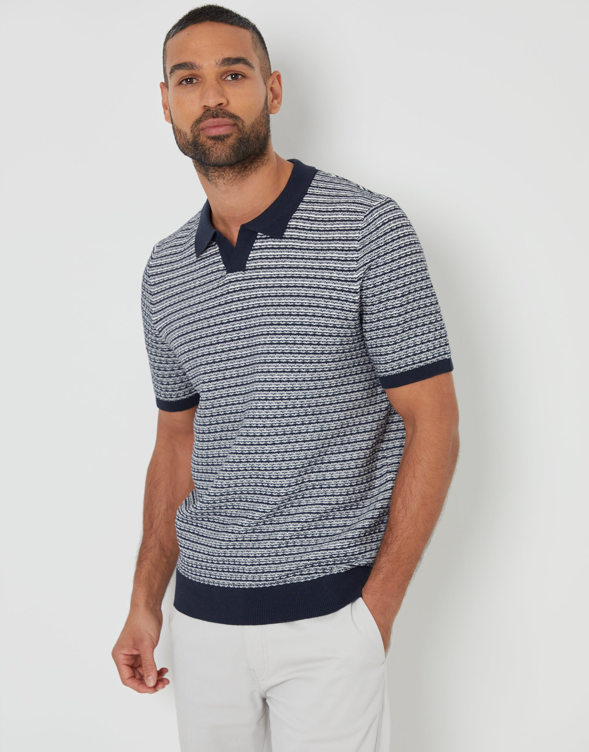 Threadbare Men's Navy Textured Stripe Knit Trophy Neck Polo
