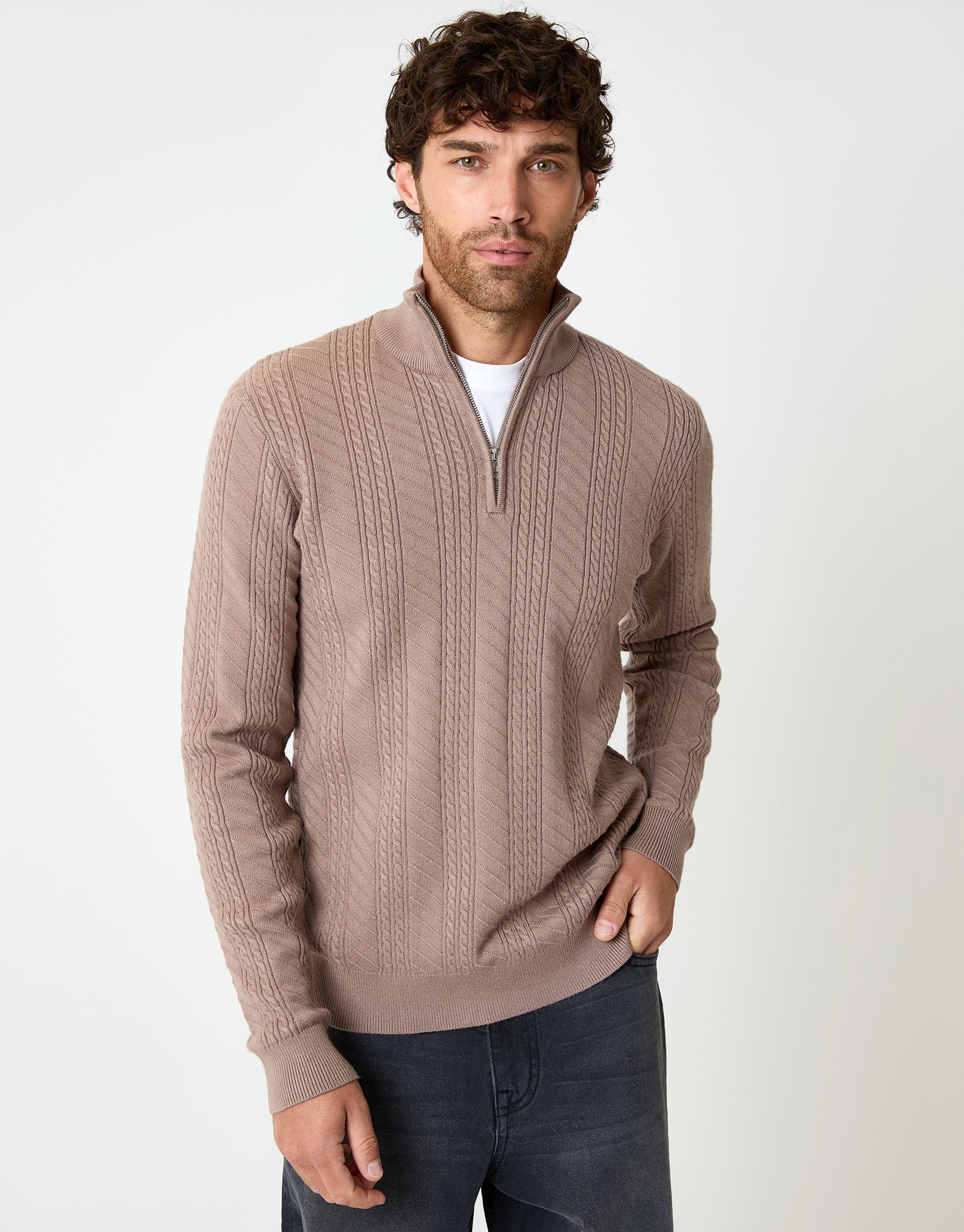 SCULPTOR トップス ベージュ M Threadbare Men's Taupe Cable Knit Quarter Zip Jumper