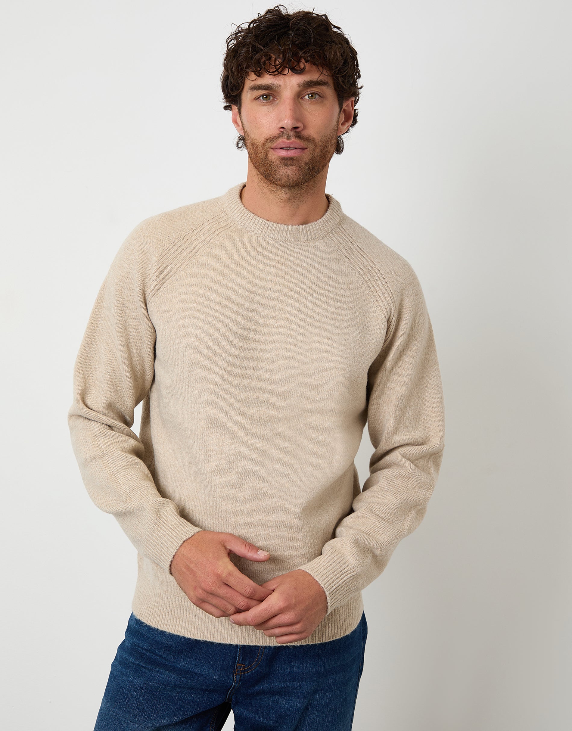 Threadbare Men's Stone Raglan Rib Knitted Crew Neck Jumper