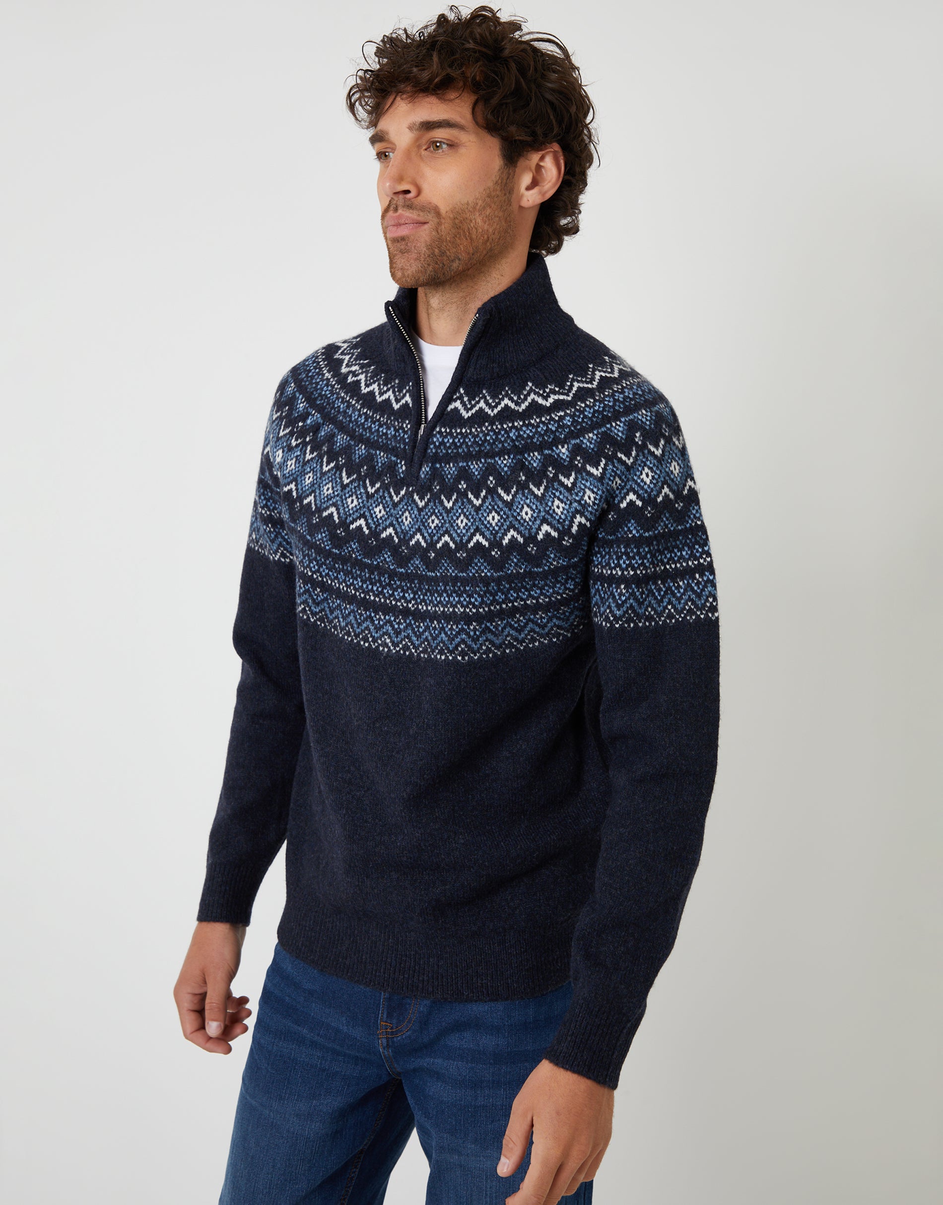 Threadbare Men's Navy Fairisle Quarter Zip Knitted Jumper
