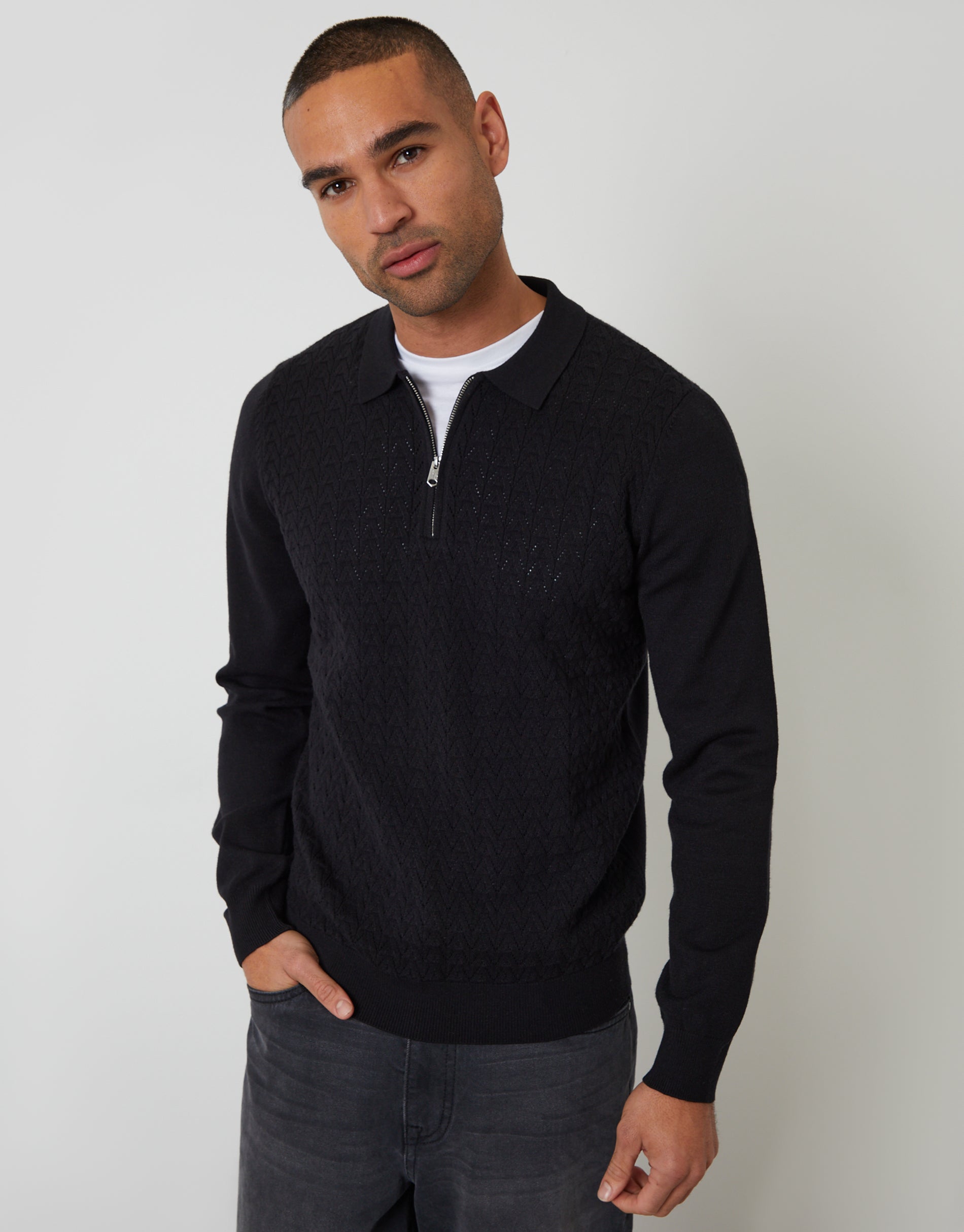 Threadbare Men's Black Textured Knit Quarter Zip Polo Jumper