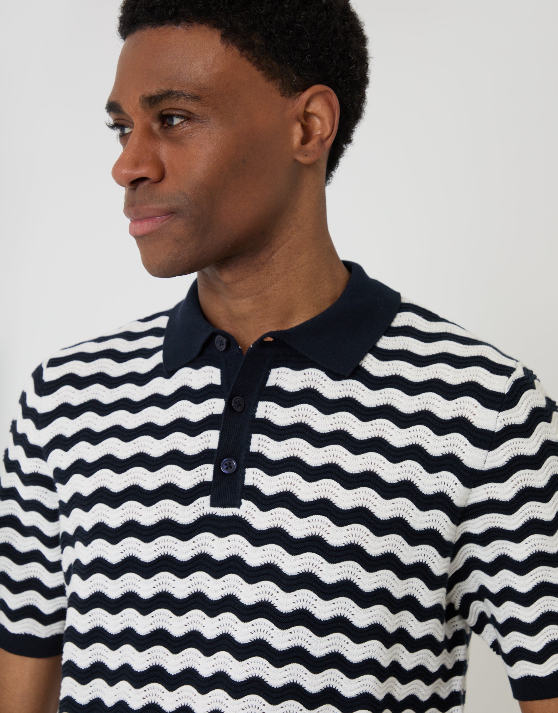 Threadbare Men's Navy Wavy Stripe Textured Knitted Polo