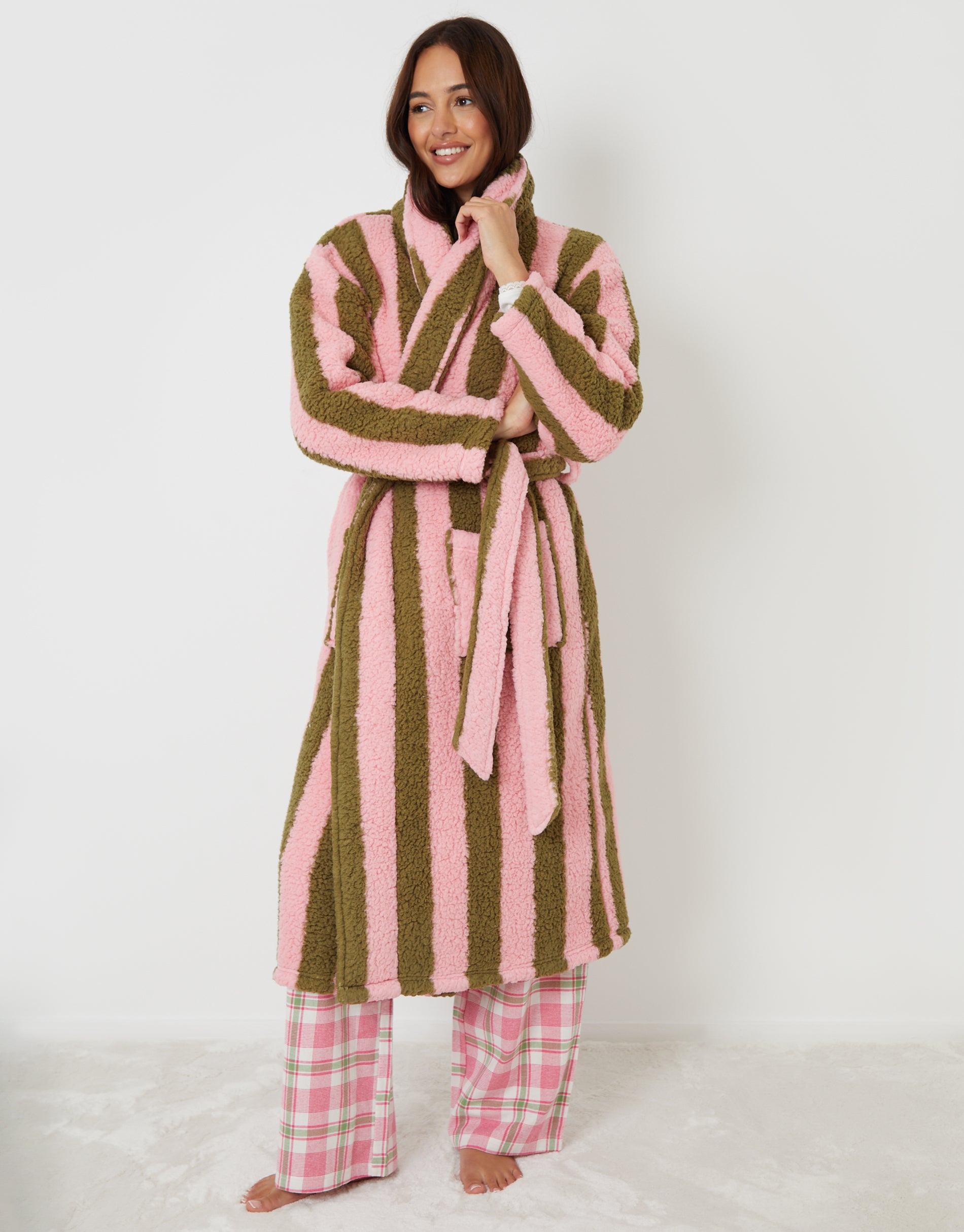 Threadbare Women's Pink & Green Stripe Borg Dressing Gown