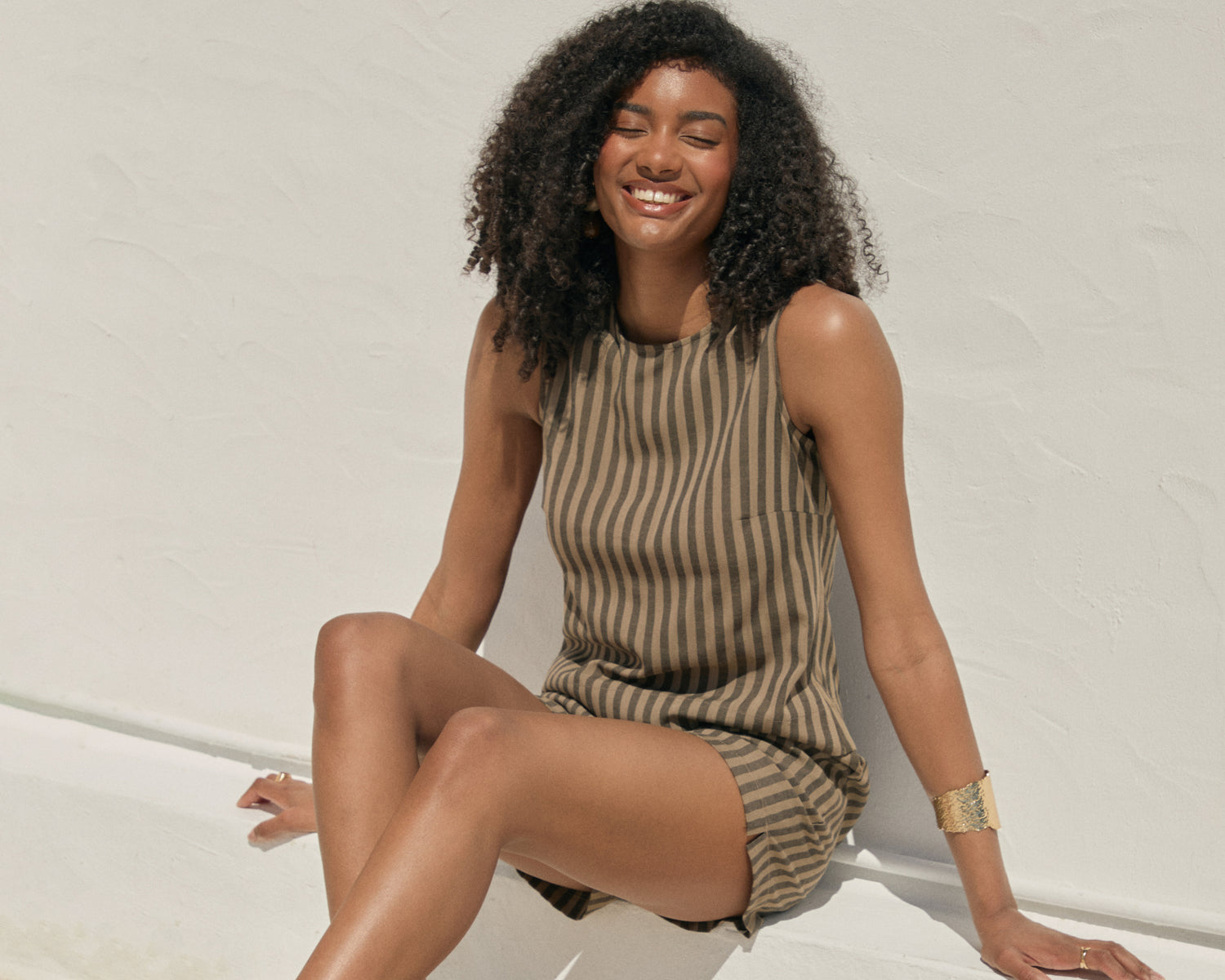 Threadbare Stripe Shell Top and Shorts in Chocolate Brown worn by smiling woman