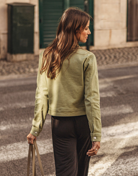 Women's Khaki Green Short Button Up Ladies' Stretch Denim Jacket