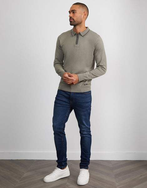 Men's Sage Green Quarter Zip Polo Neck Knitted Jumper – Threadbare