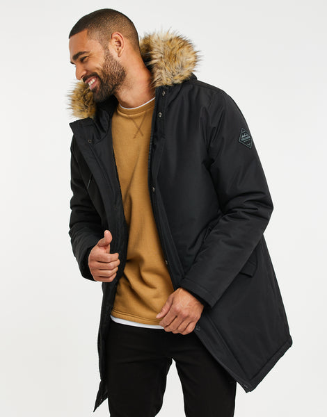 Men's Black Faux Fur Trim Hooded Padded Parka Jacket – Threadbare
