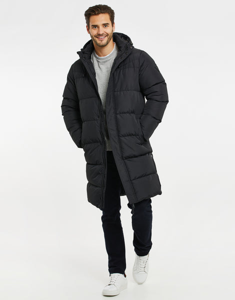 Men's Black Hooded Longline Padded Puffer Jacket – Threadbare