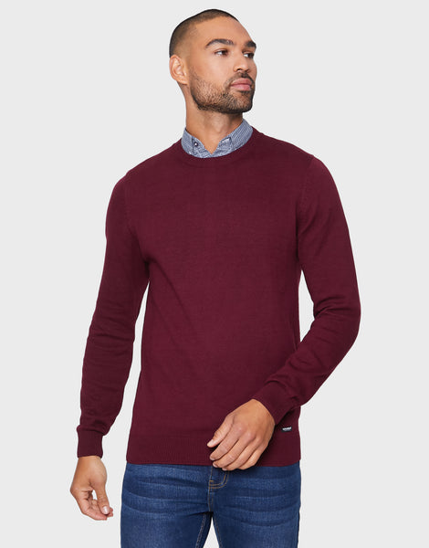 Men s Burgundy Mock Shirt Collar Crew Neck Knitted Jumper Threadbare