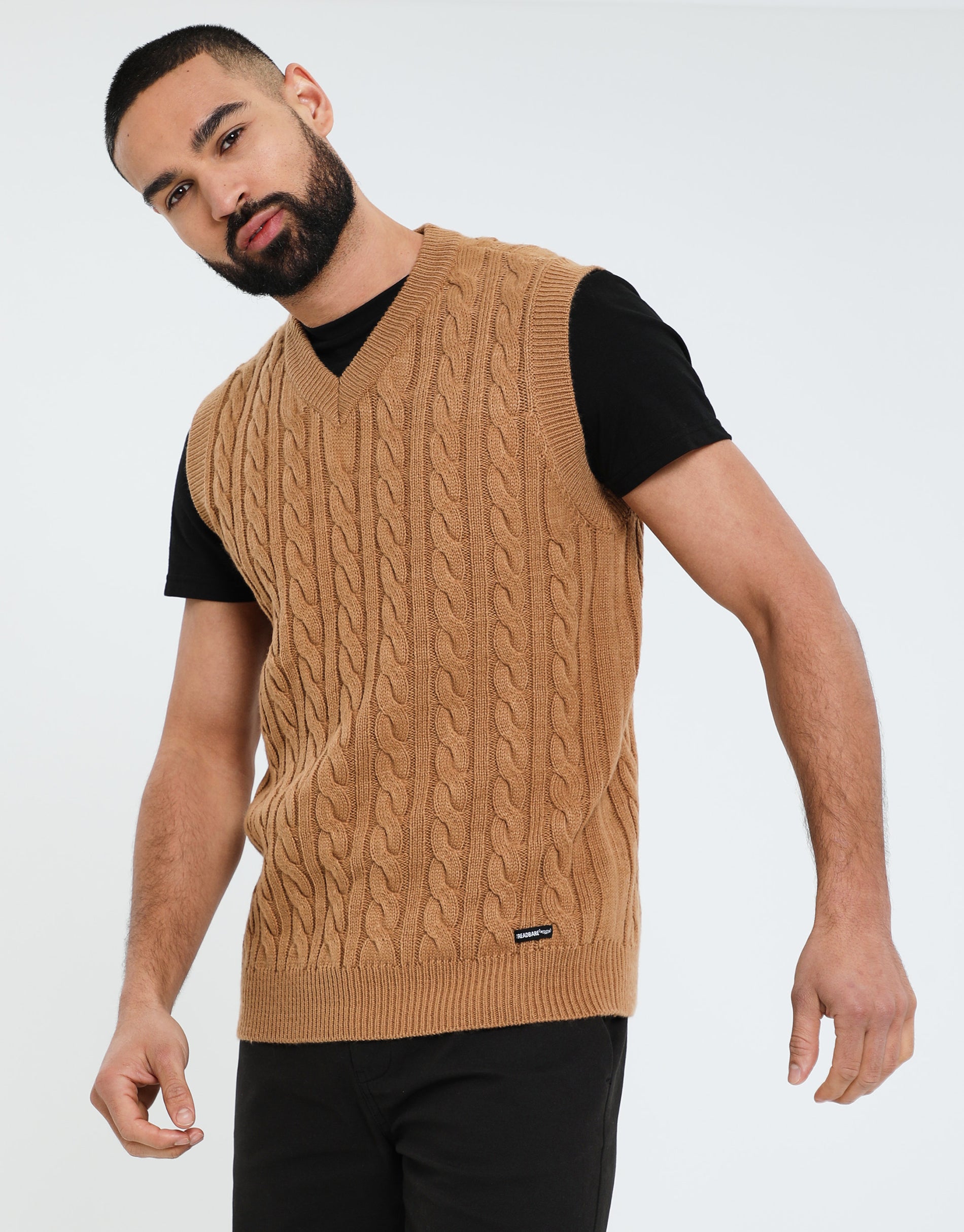 Threadbare Men's Camel Brown Cable Knit Sleeveless V-Neck