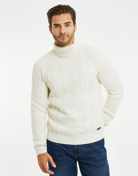 Men s Ecru Off White Roll Neck Cable Knit Jumper Threadbare