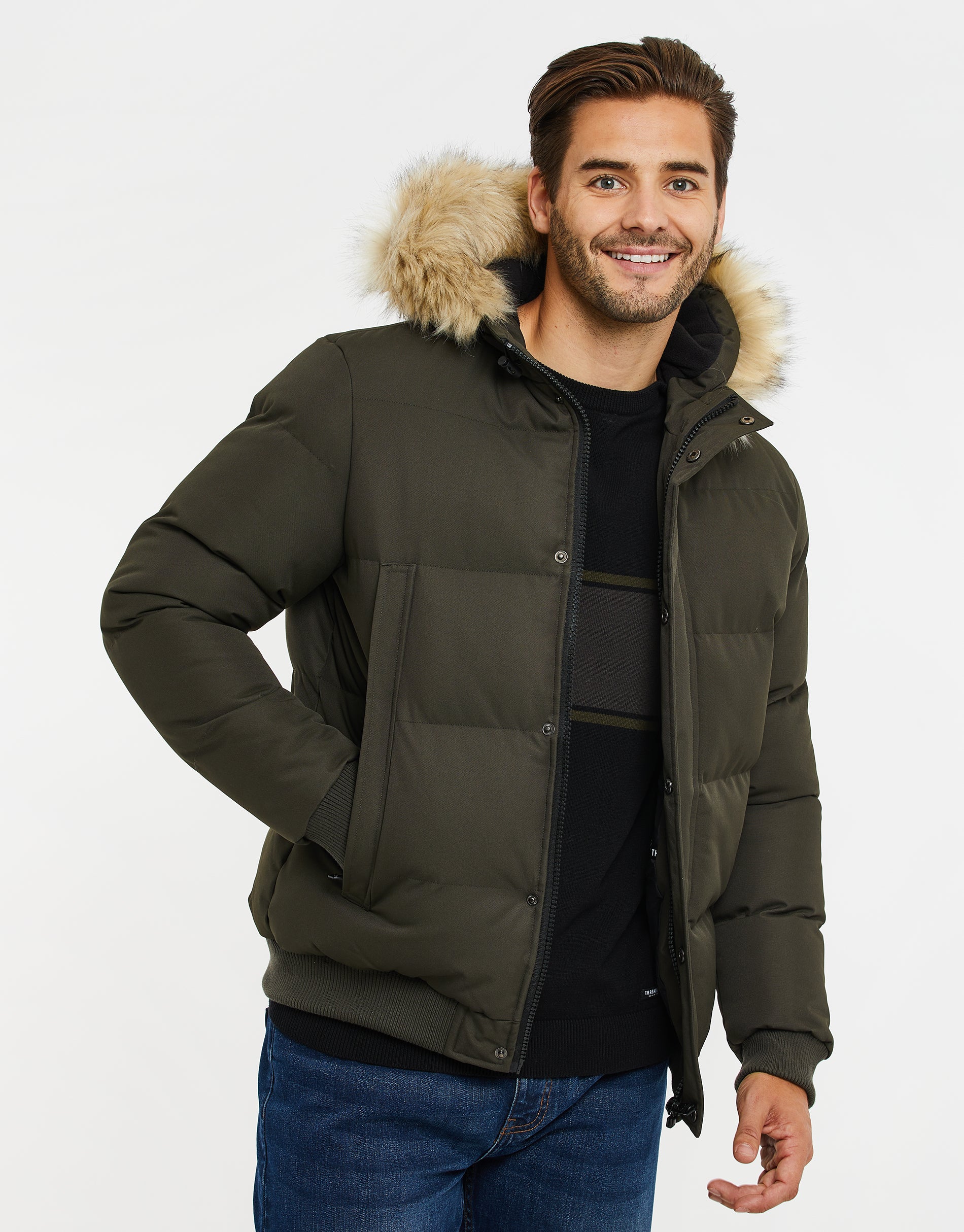Mens Faux Fur Hooded Jacket Khaki Threadbare Men's Khaki