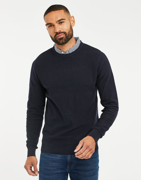 Men s Navy Mock Shirt Knitted Jumper