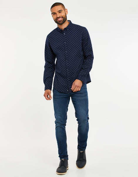 Blue Long Print Geometric Men\'s Navy Sleeve Shirt – Threadbare