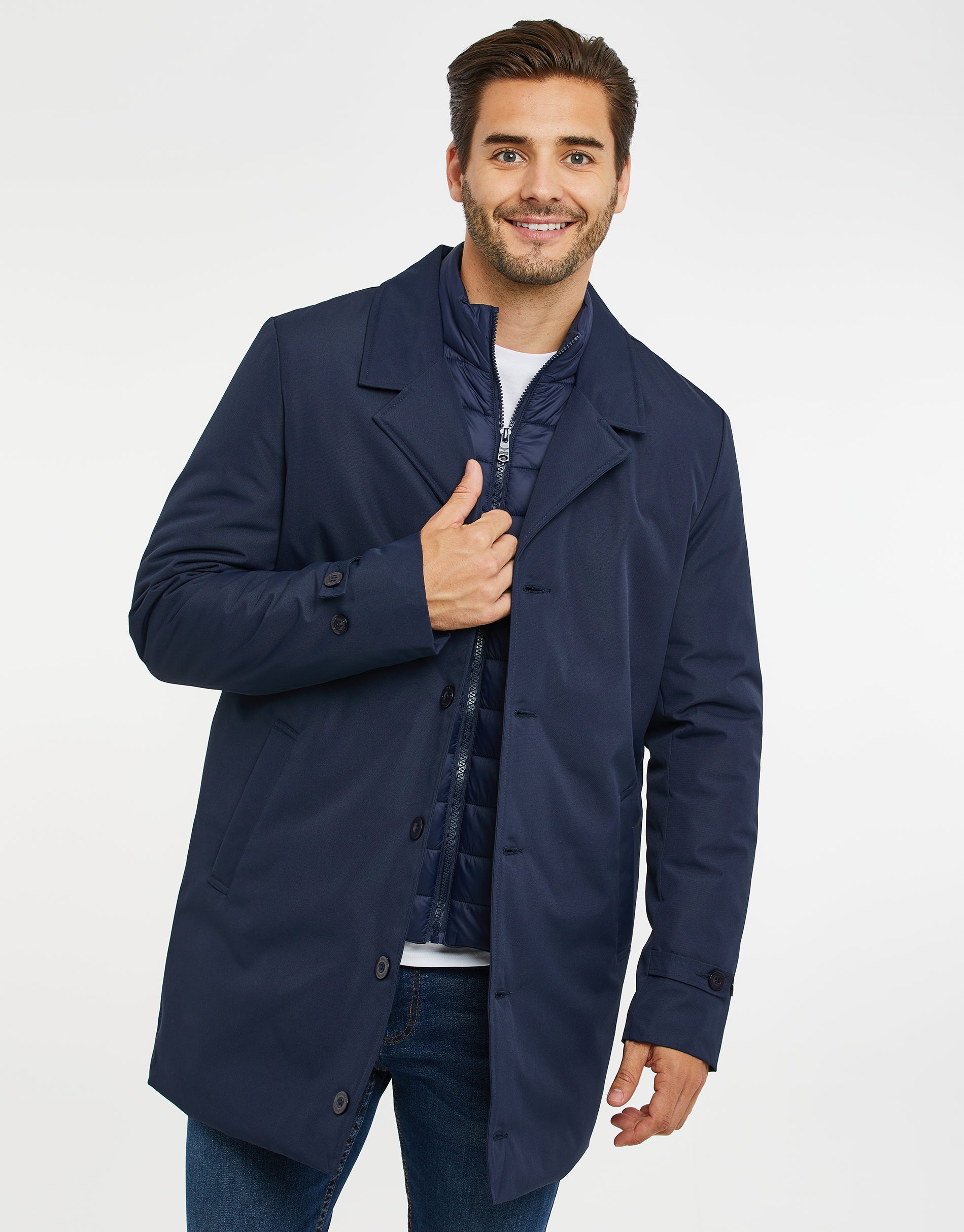 Threadbare Men's Navy Blue Longline Collared Mock Inner Layer Mac