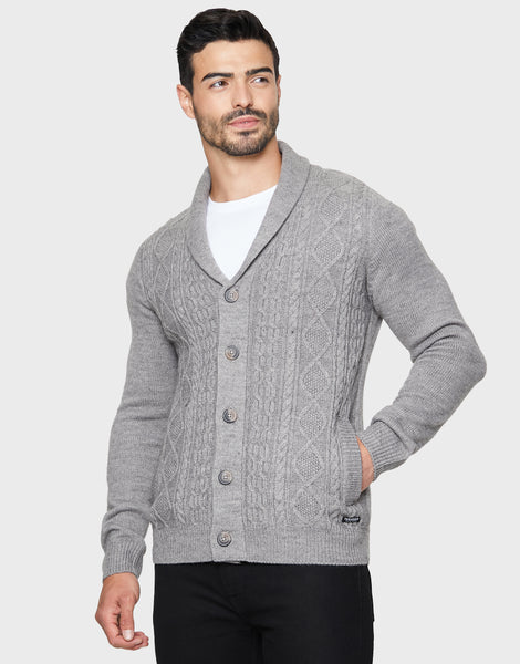 Mens Shaw Light Grey Marl Plain Textured Knit Cardigan Threadbare