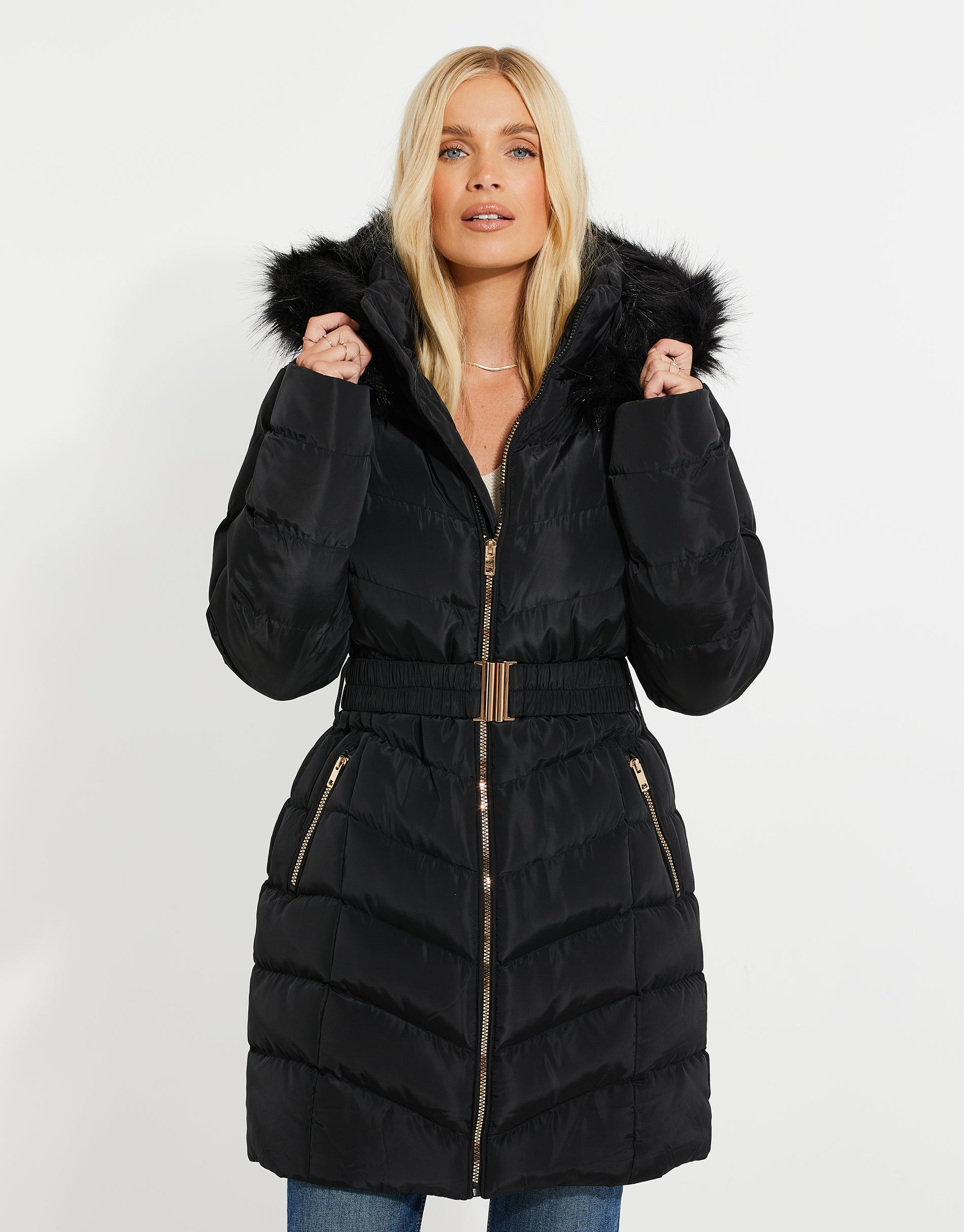 Threadbare Women's Black Belted Mid Length Fur Trim Padded