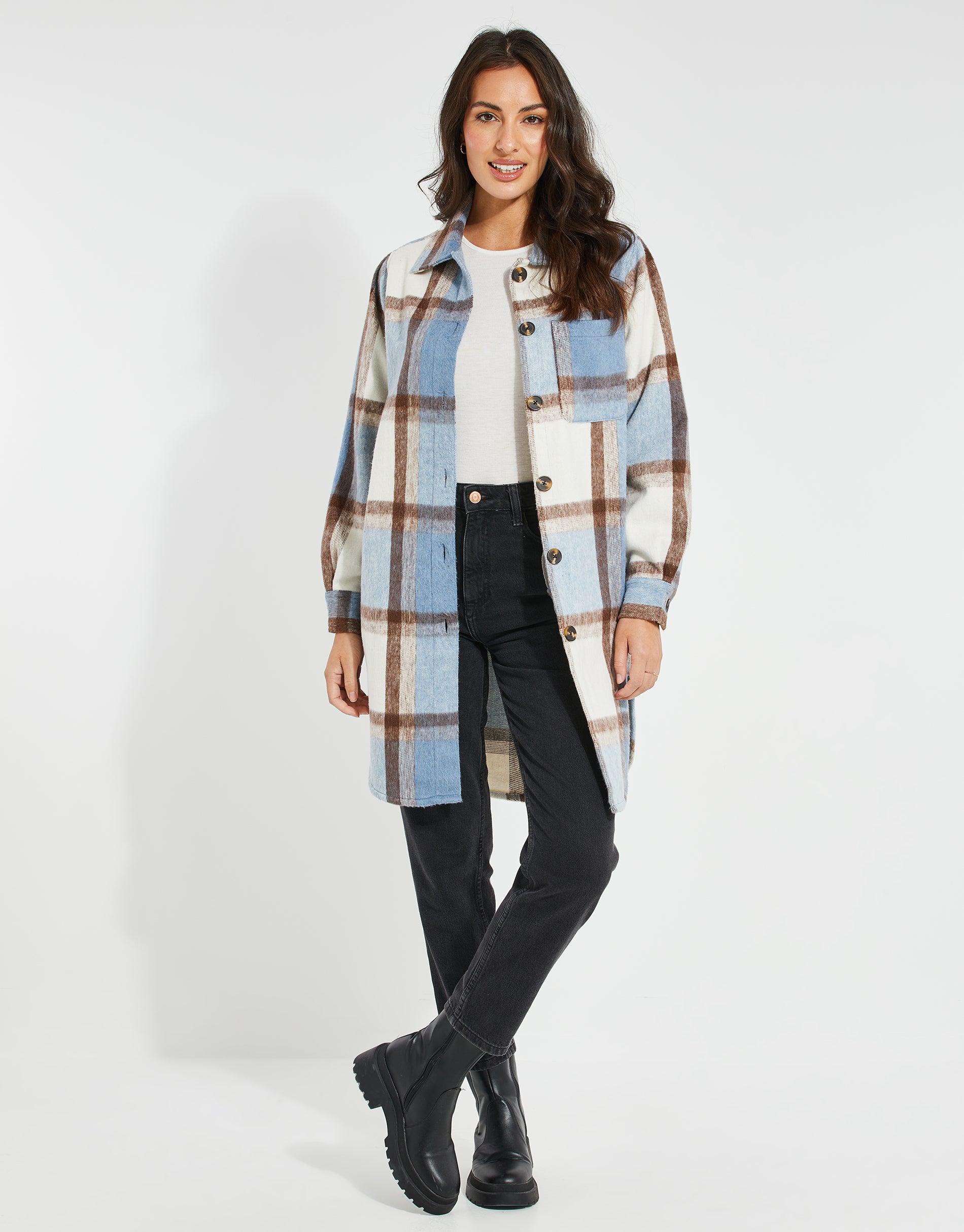 Threadbare Women's Blue White Check Longline Ladies' Shacket