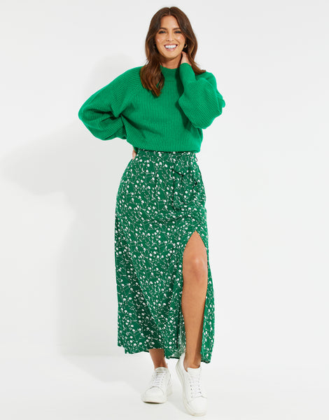 Petite green clearance spotted midi skirt