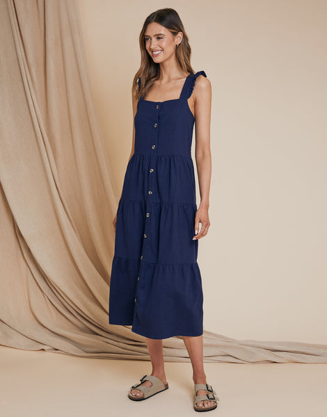 Women's Navy Linen Blend Tiered Midi Dress with Flutter Strap