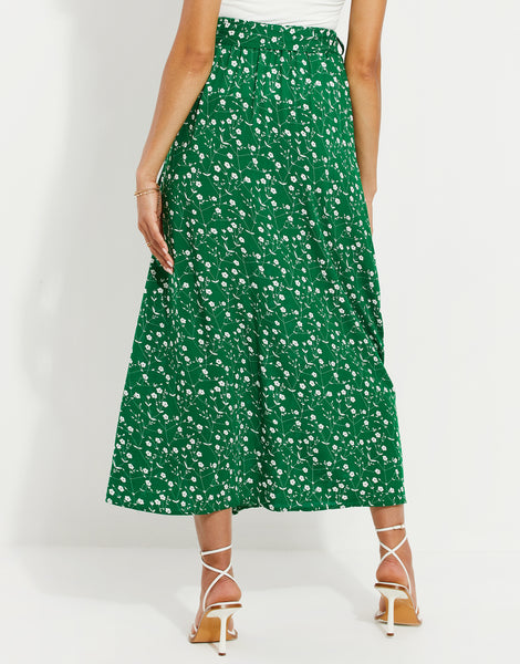 Women s Petite Green Ditsy Floral Print Wrap Midi Skirt