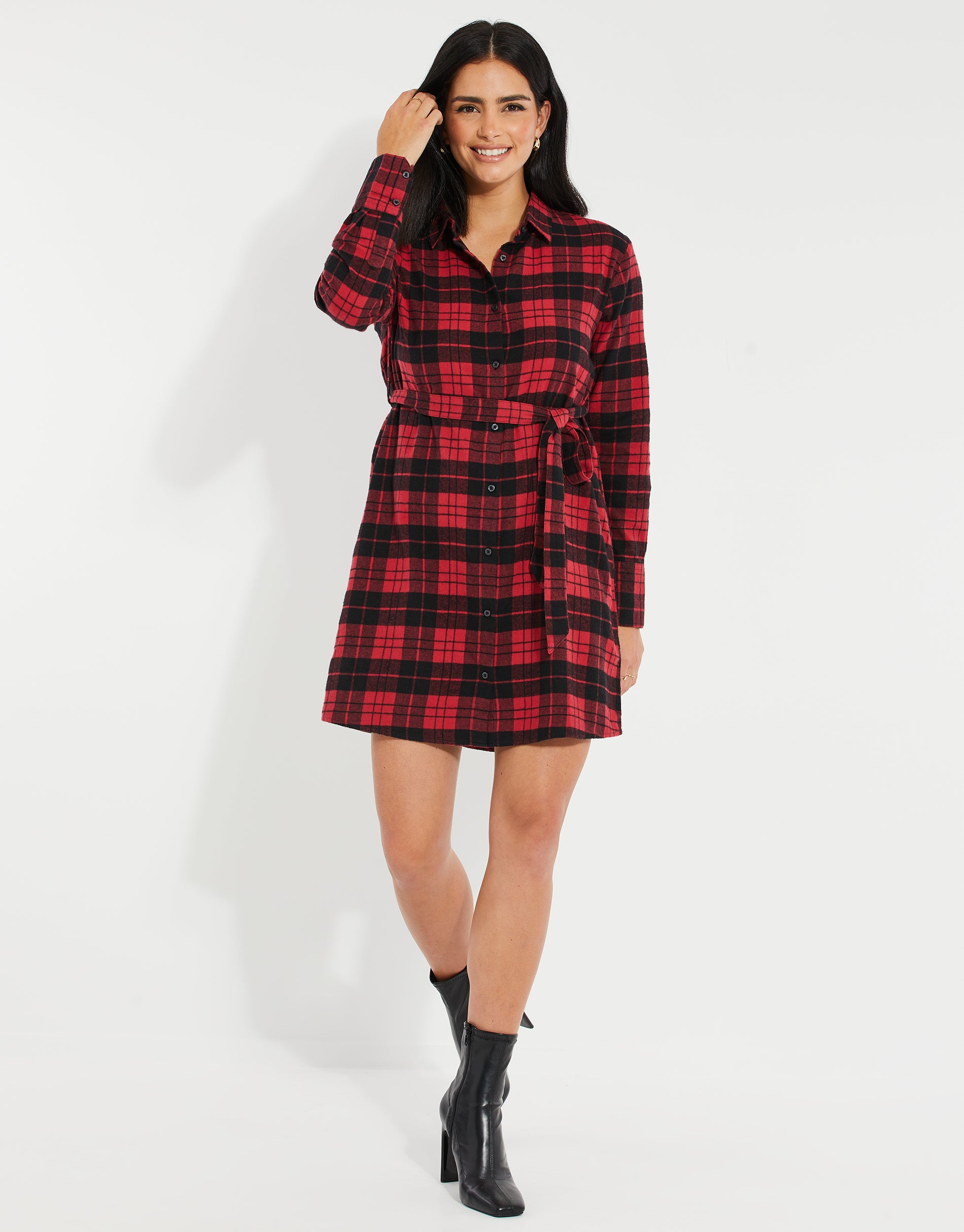 open lace back dress Threadbare Women's Red Check Flannel Peter Pan Collar Ladies' Shirt Dress