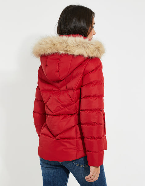 Red faux fur deals trim hooded puffer jacket