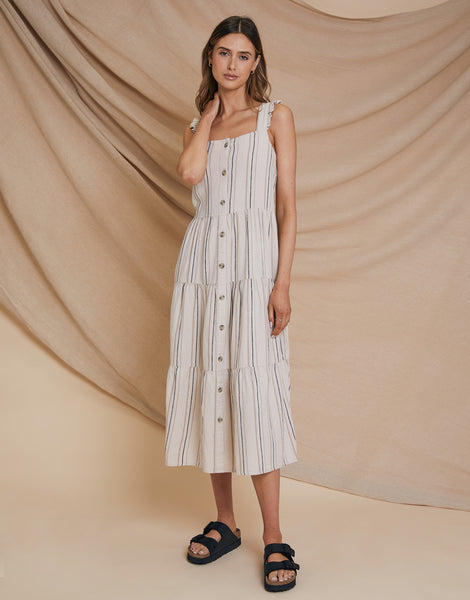 Women's Stone Stripe Linen Blend Tiered Midi Dress with Flutter Strap