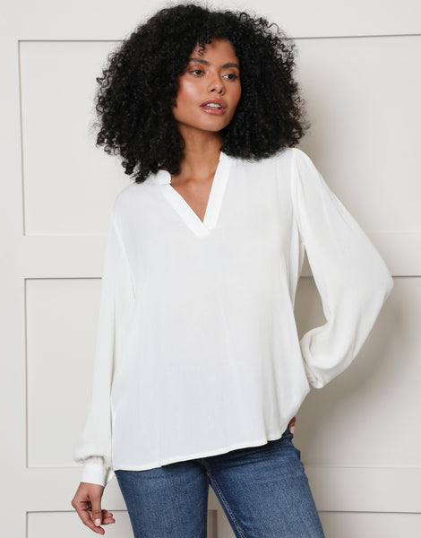 Women's White Long Sleeve V Neck Collarless Ladies' A-Line Blouse –  Threadbare