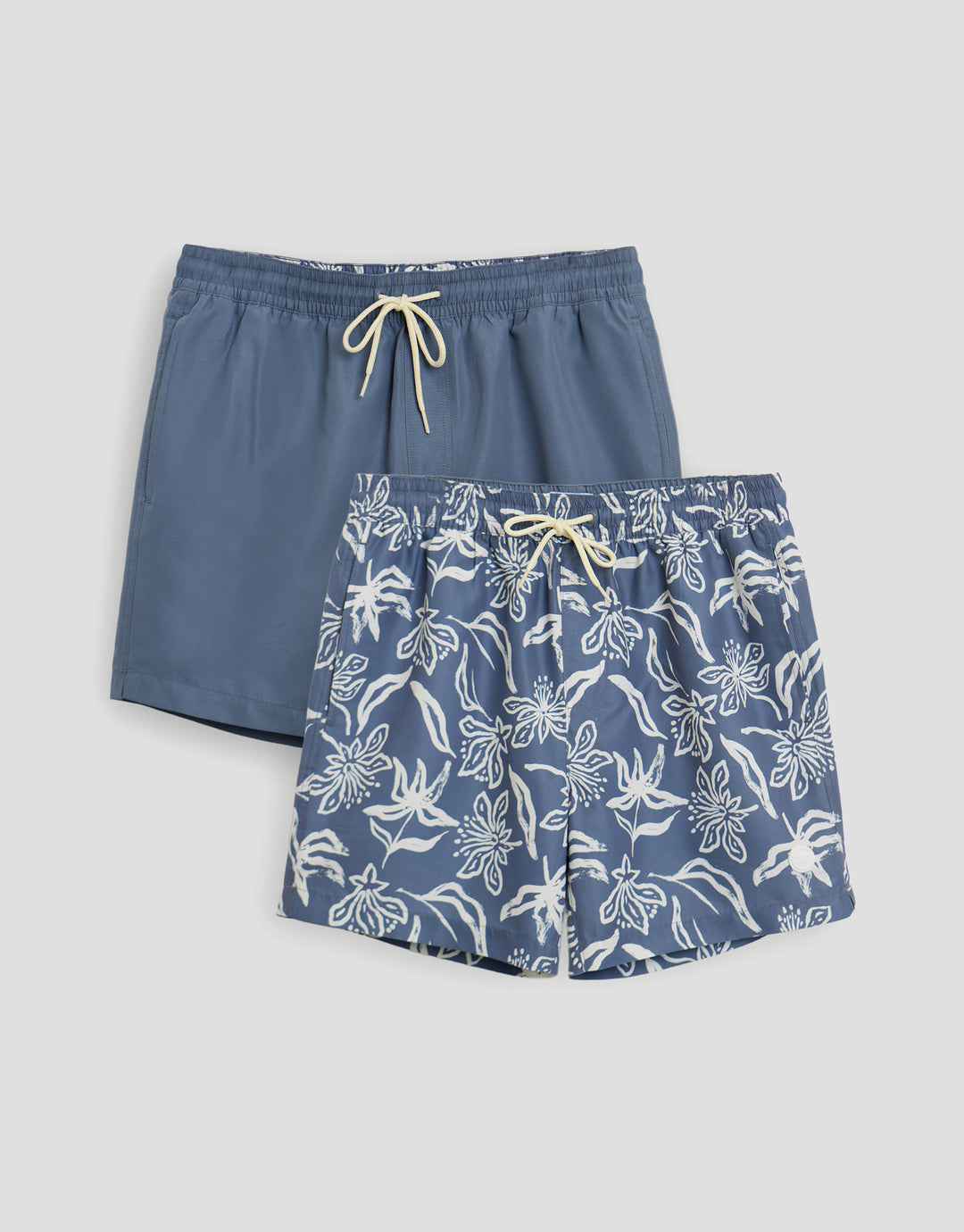 Threadbare 2 Pack Tropical Print Quick Dry Swim Shorts in Denim Blue - flat lay