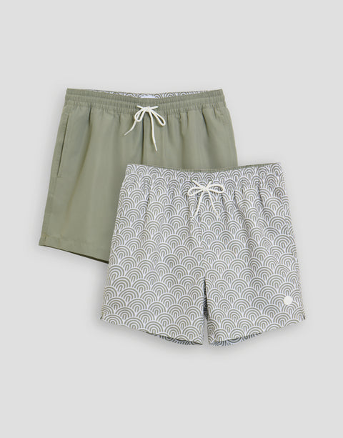 Threadbare 2 Pack Geo Arch Print Quick Dry Swim Shorts in Sage Green - flat lay
